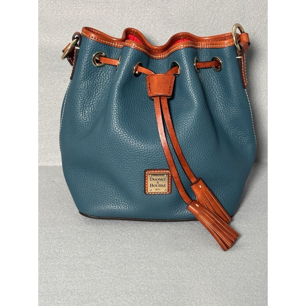 Vintage Dooney & Bourke Teal Leather Drawstring Bucket Bag Tassel Boho Style